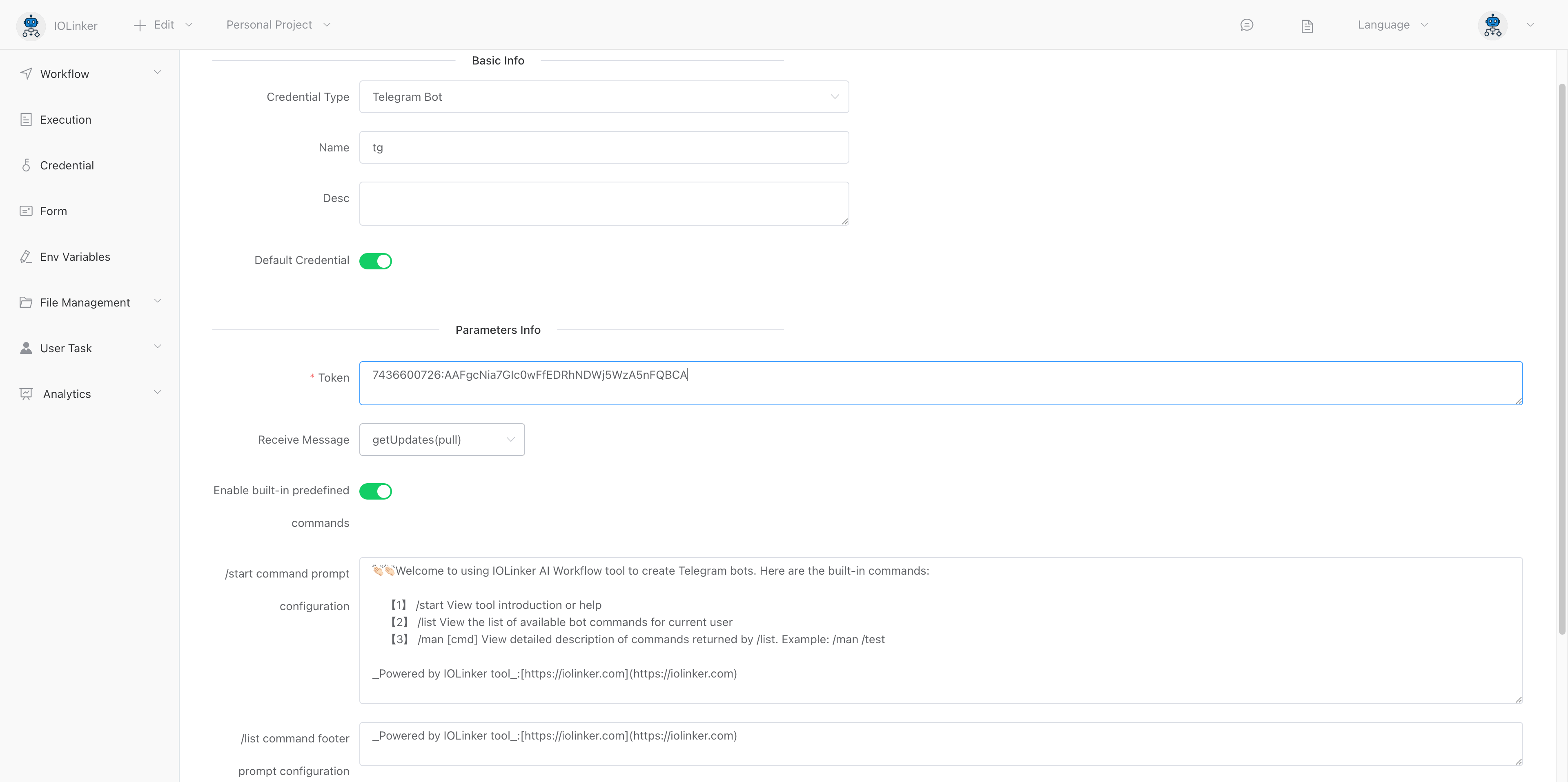 Creating Telegram credentials on IOLinker