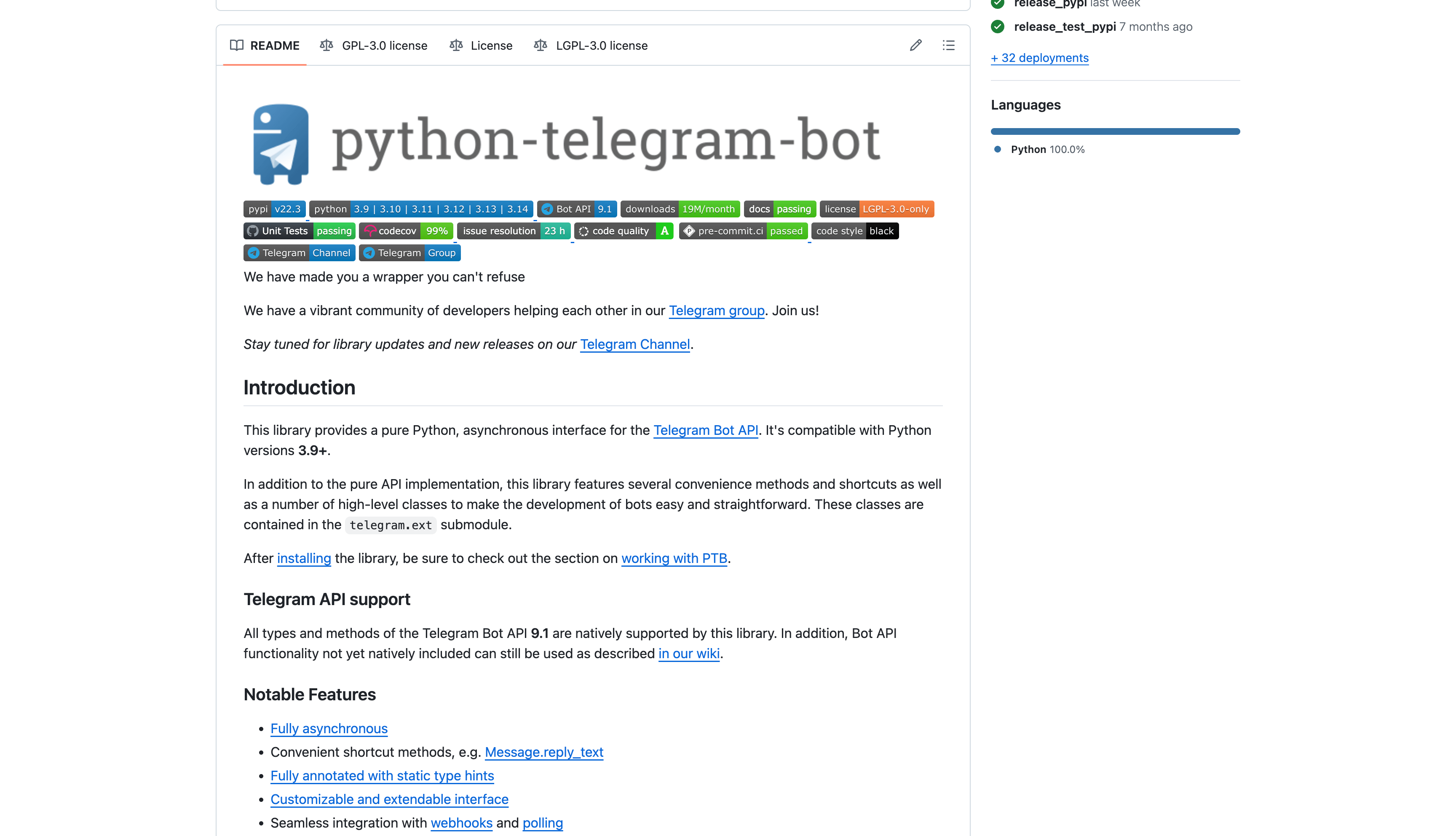 https://github.com/python-telegram-bot/python-telegram-bot仓库介绍