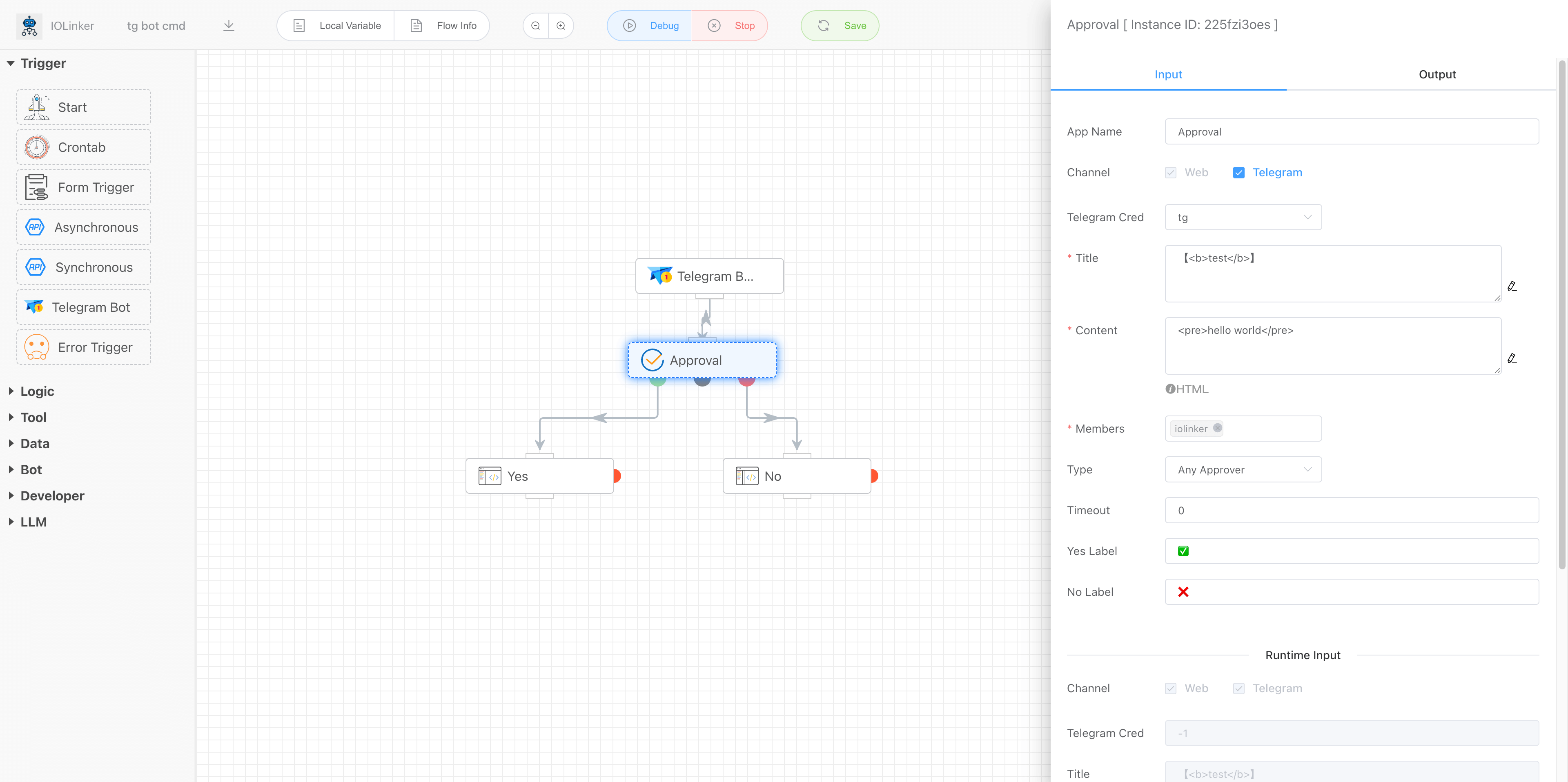 Configure approval, rejection, and timeout branches for Telegram approval