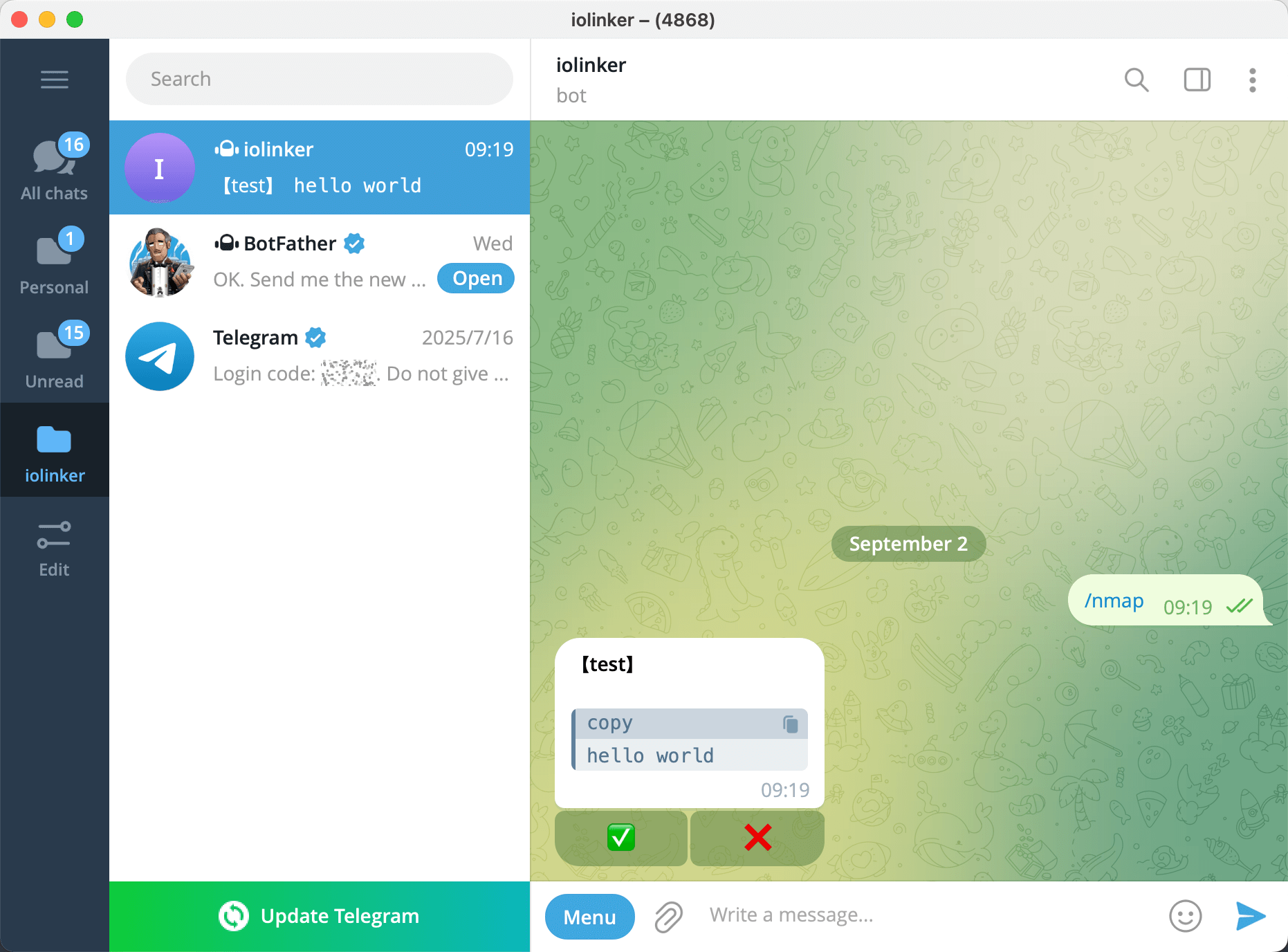 trigger telegram bot /start cmd
